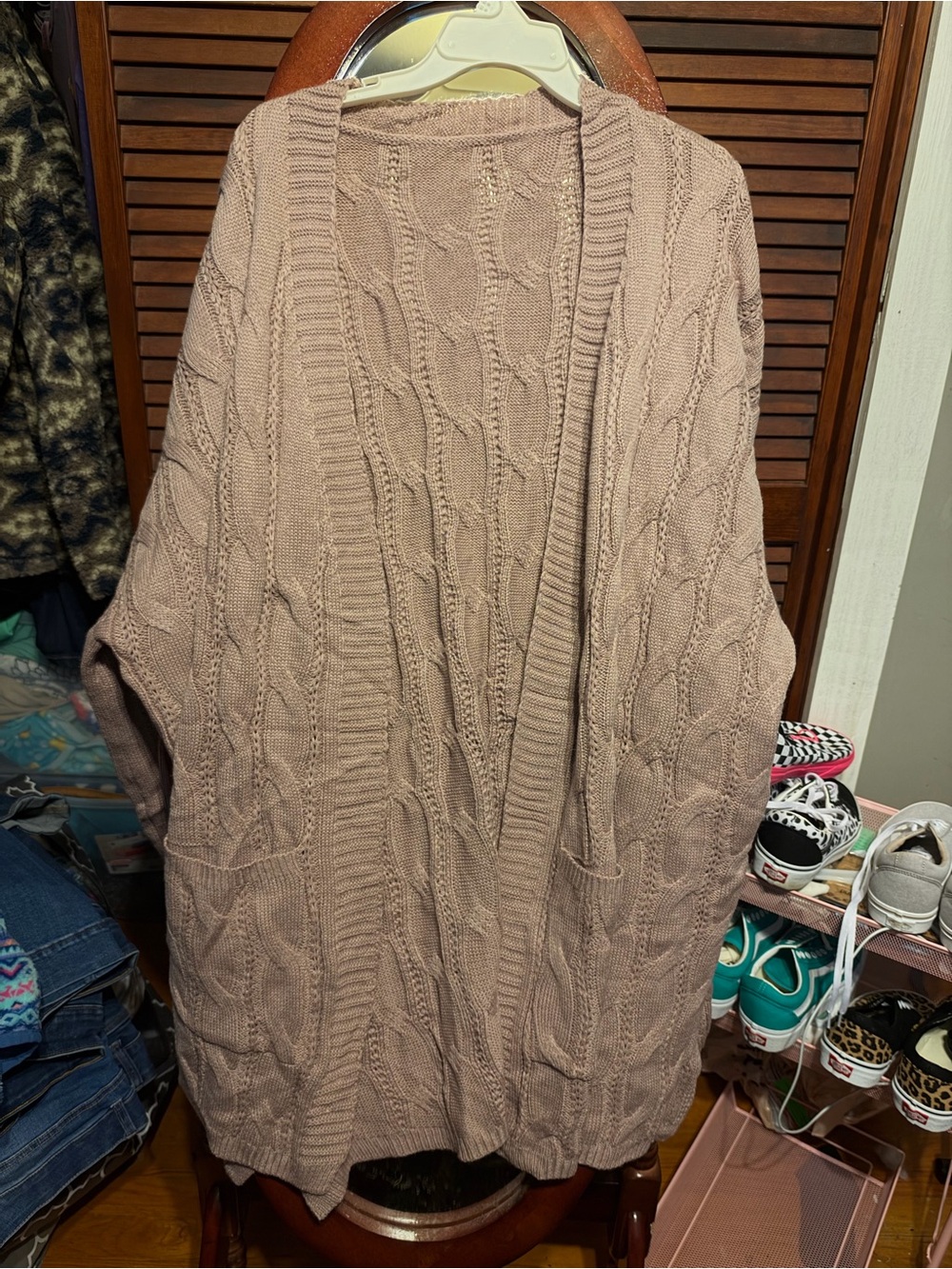 BloomChic Cable Knit Open Cardigan in Tan